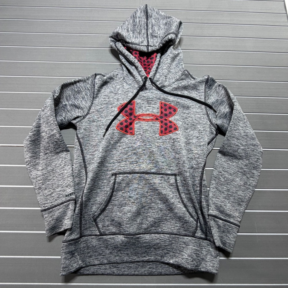 Under Armour Storm Hoodie Womens Gray Heather Red Polka Dot Logo Sweatshirt S